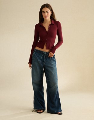 AE Button-Up Long-Sleeve Polo Shirt - Maroon