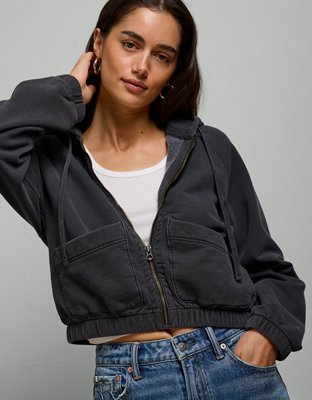 AE77 Cropped Zip-Up Hoodie - Black
