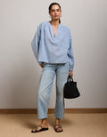 AE77 Split Neck Blouse - Blue