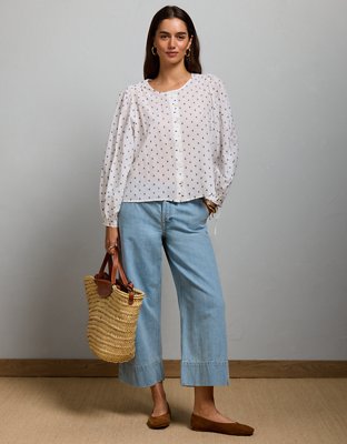 AE77 Embroidered Balloon-Sleeve Button-Up Shirt - White