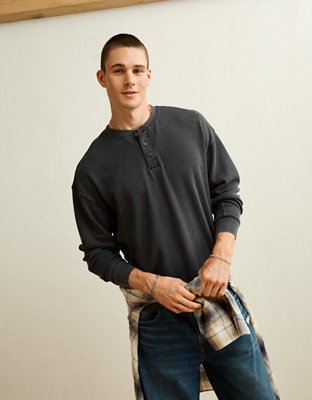 AE Boxy Fit Thermal Henley T-Shirt - Black