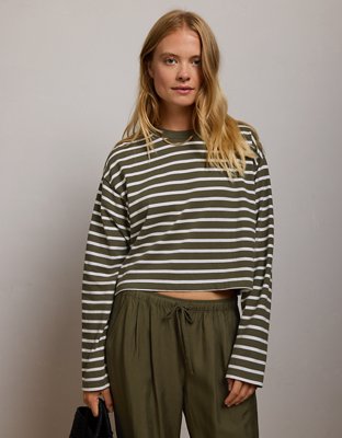 AE77 Boxy Long-Sleeve Stripe T-Shirt - Olive