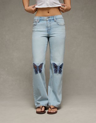AE High-Waisted Butterfly Appliqué Stovepipe Jean - Light Wash