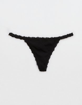 Superchill Cotton with Lace Thong Underwear - True Black