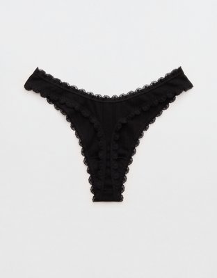 Superchill Cotton Pointelle Lace Thong Underwear - True Black