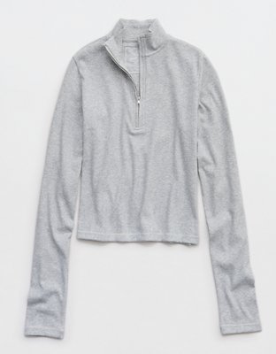 Aerie Long Sleeve Quarter Zip T-Shirt - Medium Heather Gray