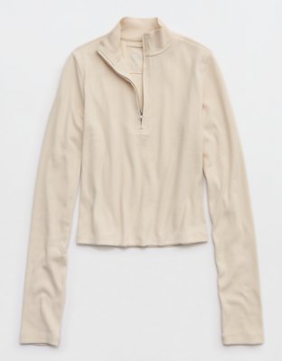 Aerie Long Sleeve Quarter Zip T-Shirt - Cake Batter