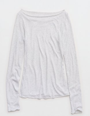 Aerie Sheer Happiness Boatneck T-Shirt - Light Heather Gray