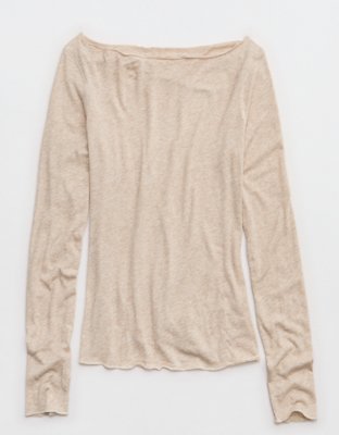 Aerie Sheer Happiness Boatneck T-Shirt - Heather Fawn