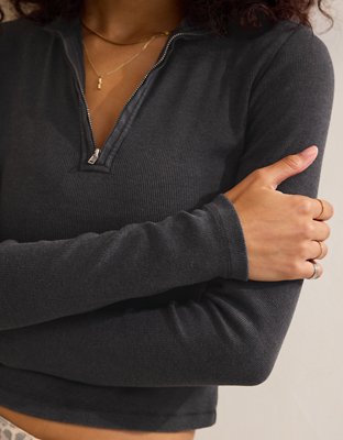 Aerie Long Sleeve Quarter Zip T-Shirt - Smoked Gray