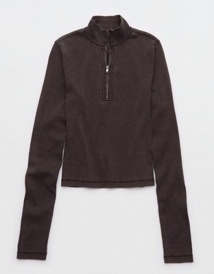 Aerie Long Sleeve Quarter Zip T-Shirt - Deep Earth