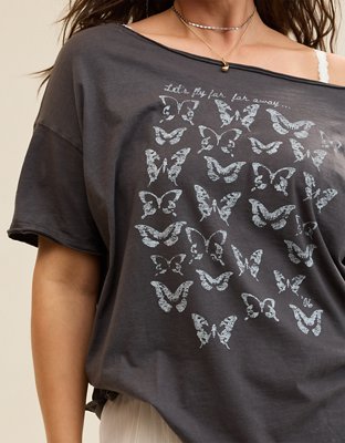 Aerie Off The Shoulder Oversized Boyfriend T-Shirt - Smoked Gray