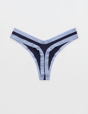 SMOOTHEZ Microfiber Lace High Cut Thong Underwear - Navy