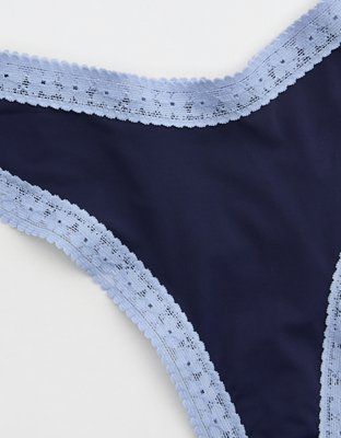 SMOOTHEZ Microfiber Lace High Cut Thong Underwear - Navy