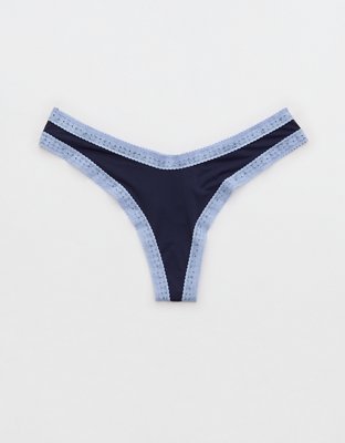 SMOOTHEZ Microfiber Lace High Cut Thong Underwear - Navy