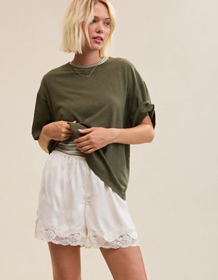 OVERSLEPT by Aerie Liquid Satin Lace Trim Short - Natural