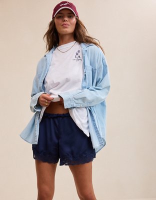 OVERSLEPT by Aerie Liquid Satin Lace Trim Short - Navy