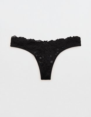 Show Off Dozen Roses Lace Thong Underwear - True Black