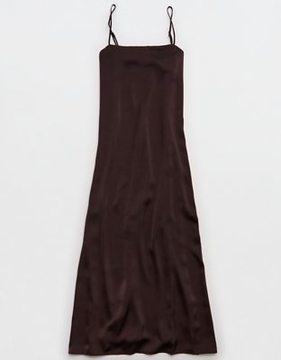 OVERSLEPT by Aerie Liquid Satin Maxi Slip Dress - Deep Earth