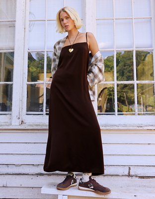 OVERSLEPT by Aerie Liquid Satin Maxi Slip Dress - Deep Earth
