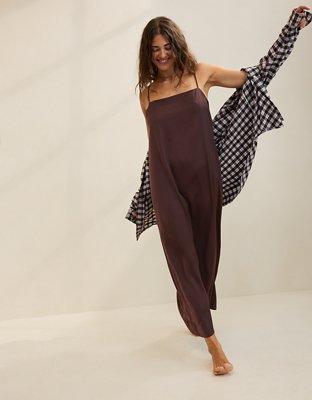 OVERSLEPT by Aerie Liquid Satin Maxi Slip Dress - Deep Earth